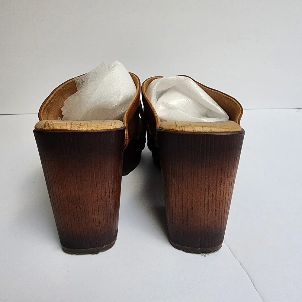 Korks Tan Crossover Studded Platform Clog Sandals Wood Block Heel Retro Boho Sz6